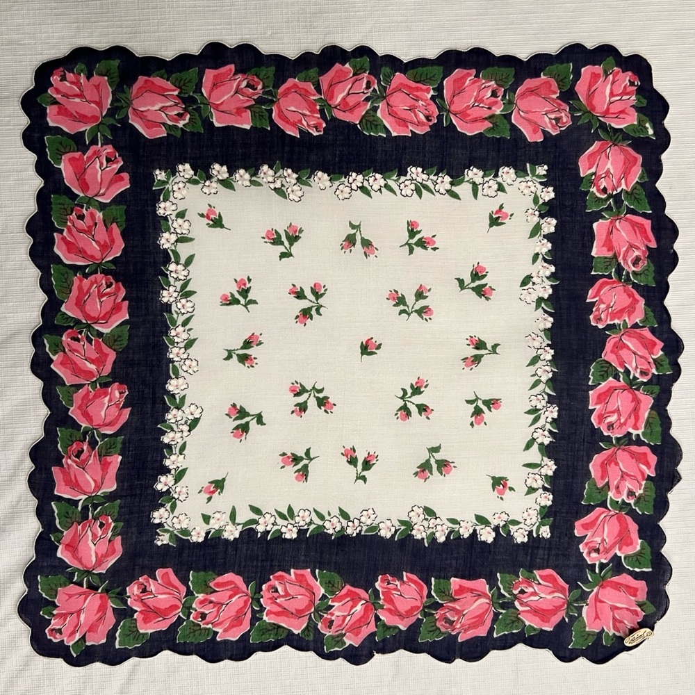 Vintage 1950s Rose Floral Scalloped Handkerchief w/ original Burmel Pape…